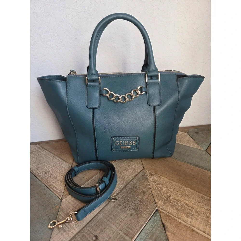 GUESS Green Teal Satchel Handbag Saffiano Faux Leather Crossbody EUC Leopard‎